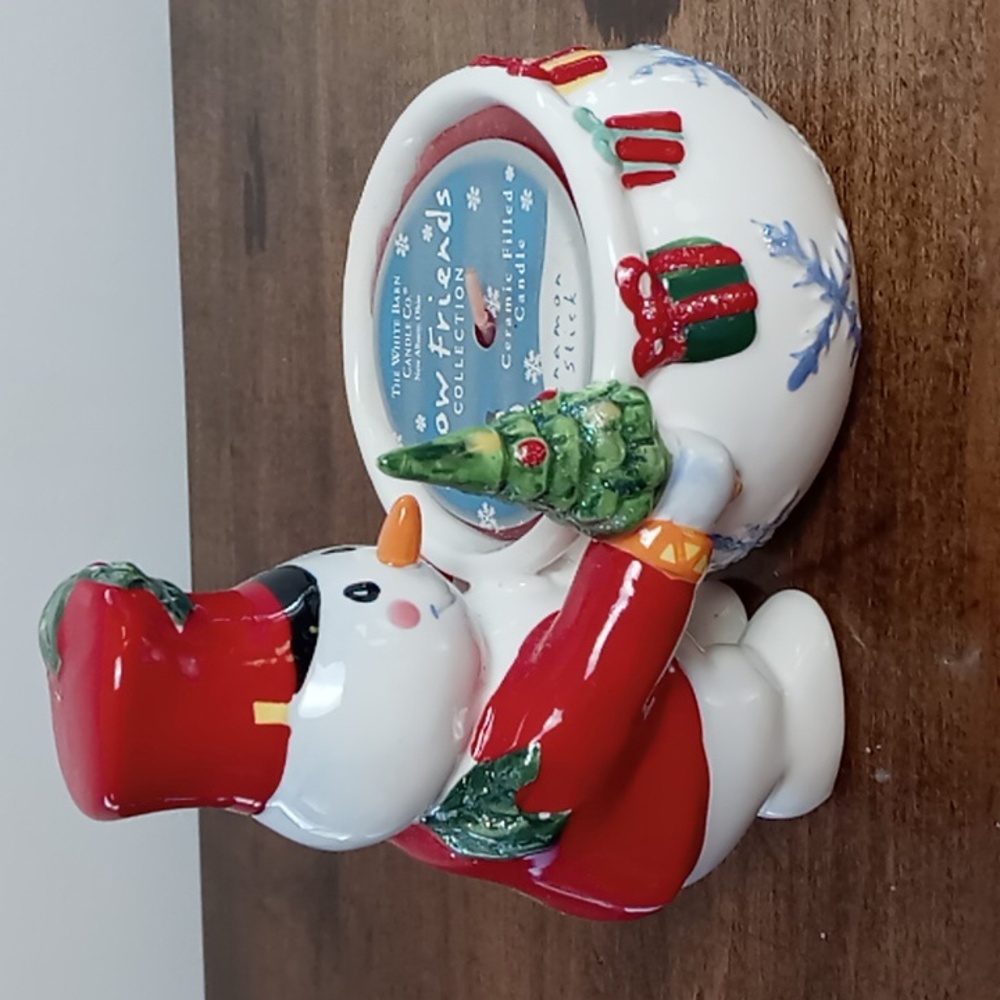 The White Barn Snowman Ceramic Filled Candle Cinnamon Stick NWT
